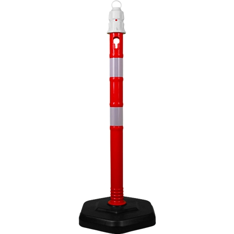 Poteau de signalisation rouge et blanc sur socle noir.