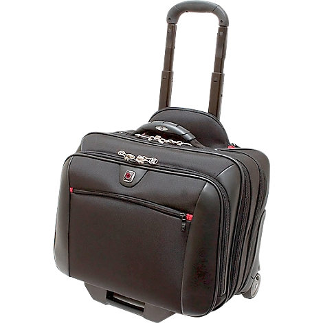 Black rolling suitcase with retractable handle and wheels. Red zipper and logo.