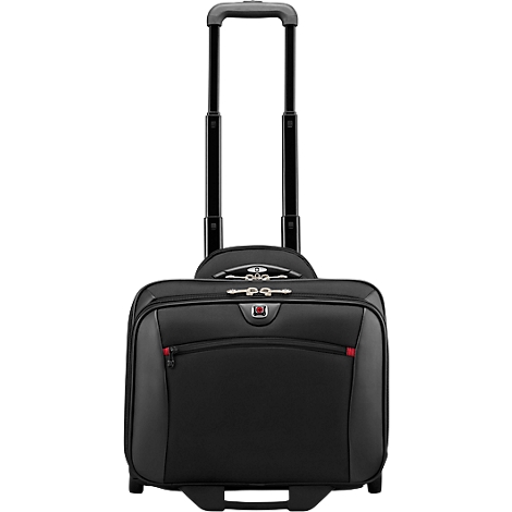 Black rolling suitcase with retractable handle and red zipper details.