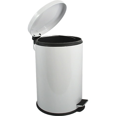 Poubelle à pédale blanche avec couvercle ouvert.