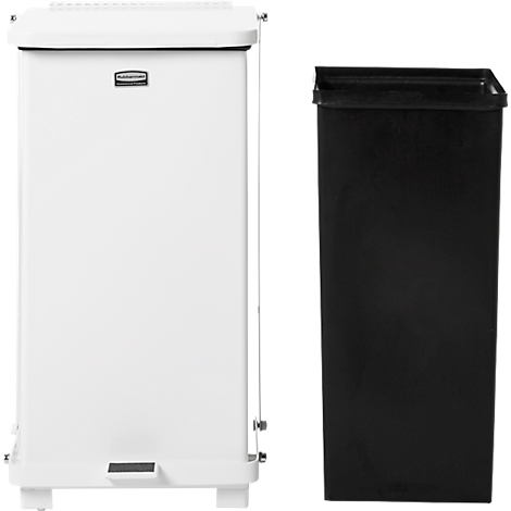 Poubelle blanche avec insert noir à côté.