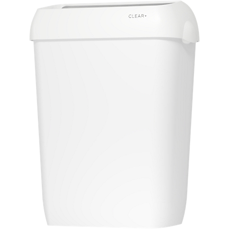 Une poubelle blanche minimaliste avec couvercle basculant et l'inscription CLEAR+ sur le bord supérieur.