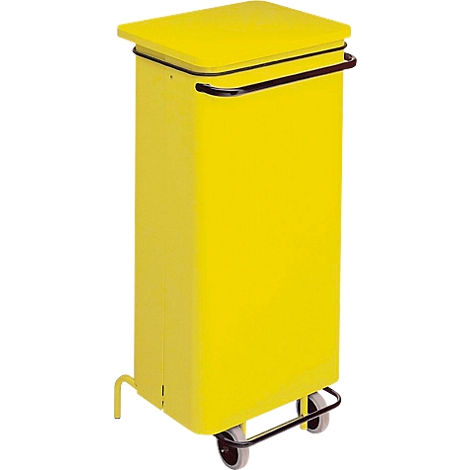 Poubelle jaune avec roues et couvercle, poignée noire. Pour hôpitaux ou laboratoires.