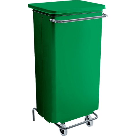 Poubelle verte avec couvercle et roulettes. Poignée en métal. Forme carrée.