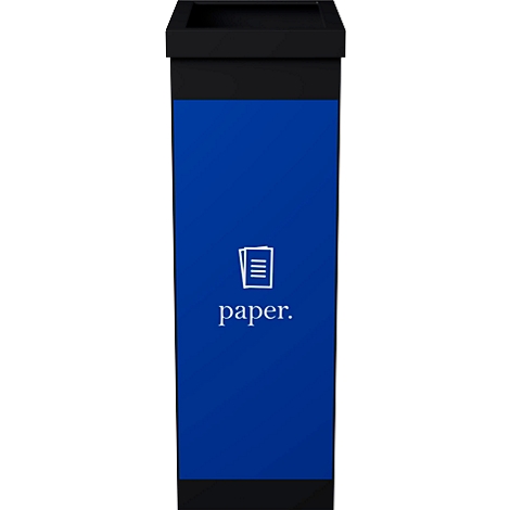 Poubelle noire avec insert bleu. Comprend un symbole de papier et le mot "paper".