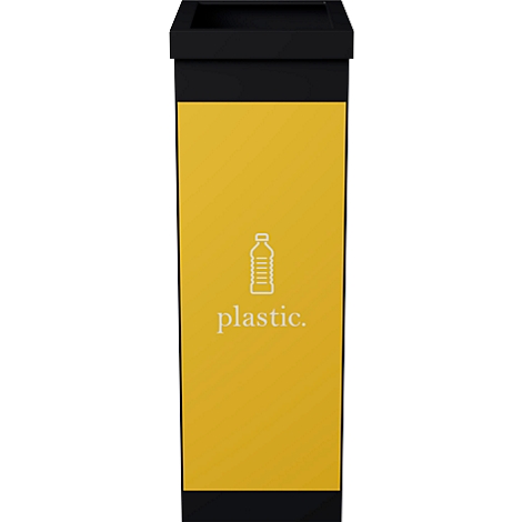 Poubelle jaune pour le plastique. Il est écrit "plastic" avec un symbole de bouteille.