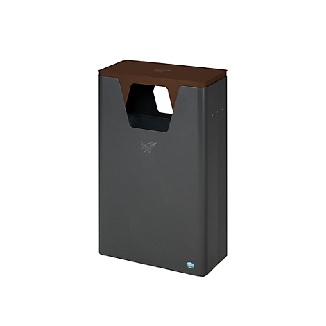 Poubelle anthracite avec couvercle marron. Une ouverture en haut, un bouton bleu en bas. Logo sur le devant.