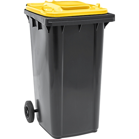 Poubelle noire avec couvercle jaune et roues.