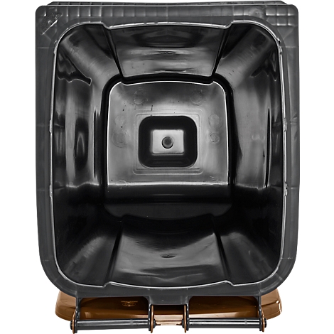 Vue de dessus d'un conteneur à ordures noir, l'intérieur est visible. Le conteneur a une forme rectangulaire avec des bords arrondis.