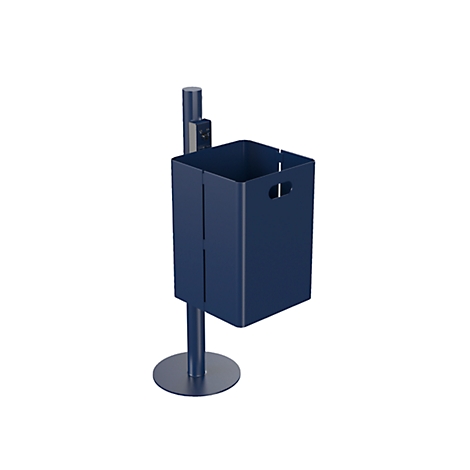 Conception de poubelle bleue, avec ouvertures de poignée, base ronde et fixation.