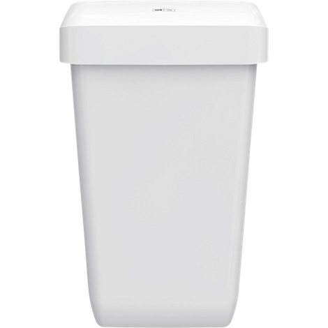 Une poubelle blanche minimaliste avec couvercle sur fond neutre.