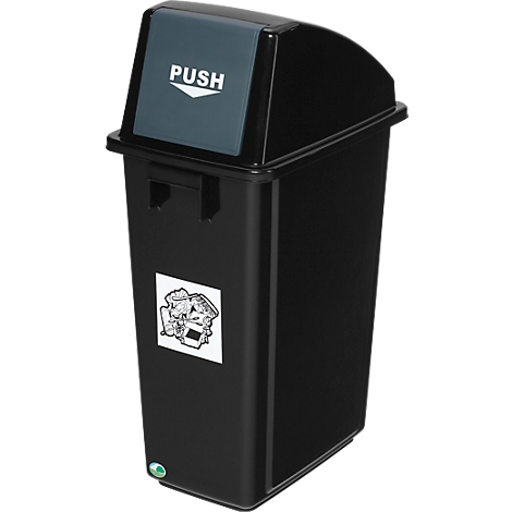 Poubelle noire avec couvercle, texte "PUSH". Autocollant avec symbole de recyclage.