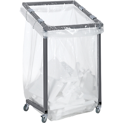 Chariot en métal gris avec un sac en plastique transparent rempli de morceaux de polystyrène blanc.