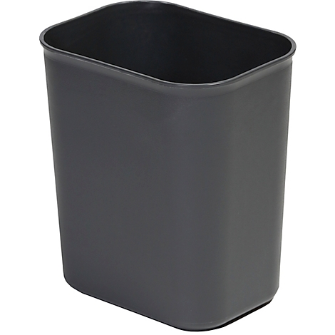 Poubelle rectangulaire gris foncé avec des coins arrondis.