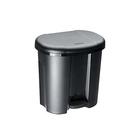 Une poubelle noire avec couvercle et pédale, sur fond blanc.