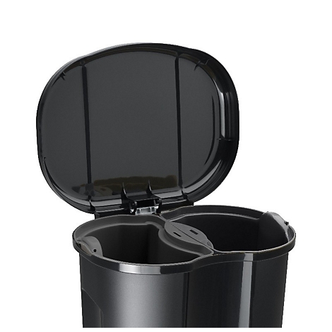 Poubelle à pédale noire, dimensions indiquées. En haut à droite, il est écrit "2 x 10 l".