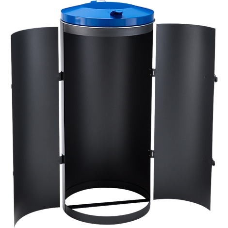 Poubelle en métal noir avec couvercle bleu, portes ouvertes.