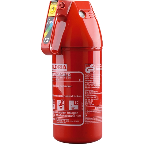 Red fire extinguisher of the brand Gloria with white lettering. Details: handle, nozzle, stickers.