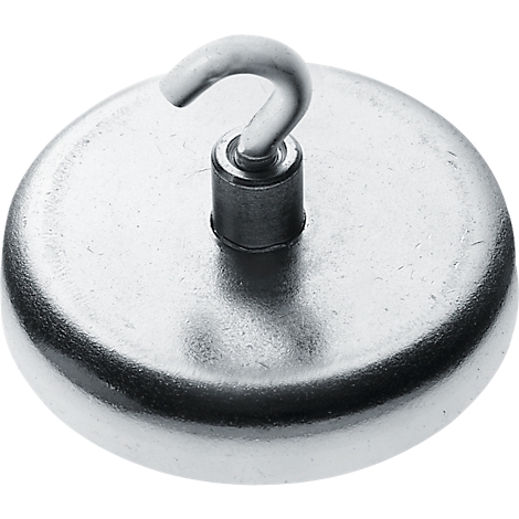 Metal magnet with hook. Round shape, silver color. Hook on top, for hanging.