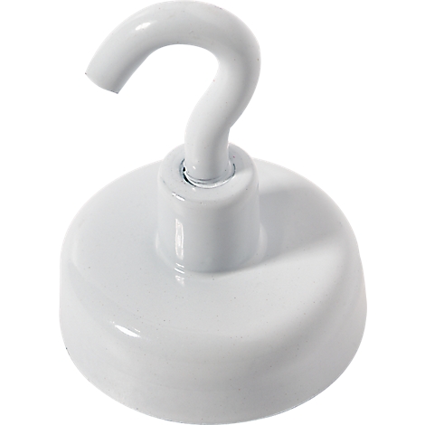 White hook with a round, magnetic base. The hook is curved upwards.