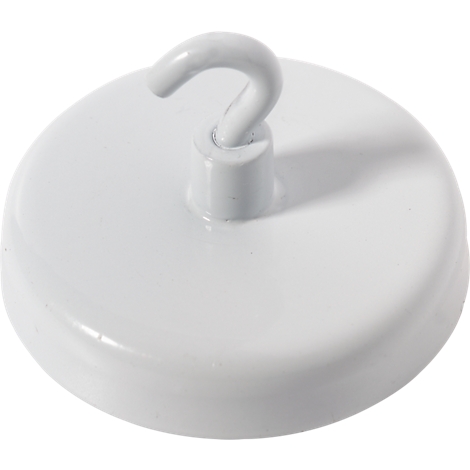 White hook magnet. Round base, hook bent upwards.