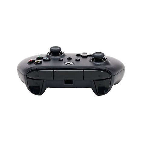 Schwarzer Xbox-Controller mit Knöpfen, Sticks und dem Xbox-Logo. Auf hellem Hintergrund.