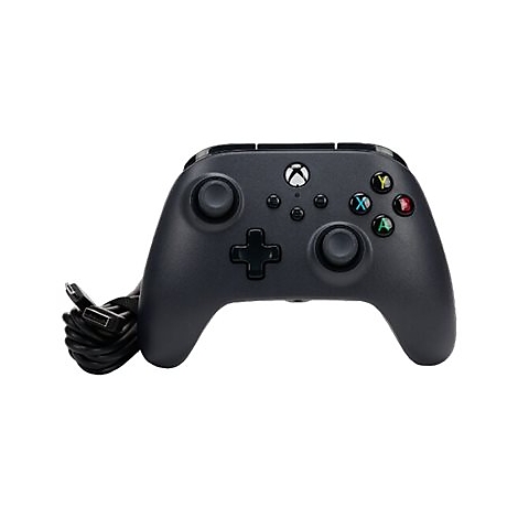 Schwarzer Xbox-Controller mit Kabel, Knöpfen in verschiedenen Farben und Xbox-Logo.
