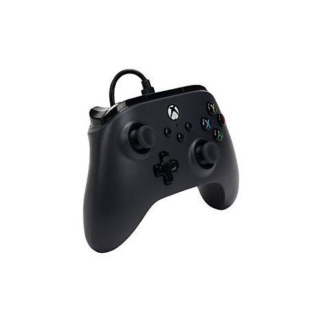 Schwarzer Xbox Controller mit Kabel, Blick aus der Vogelperspektive.