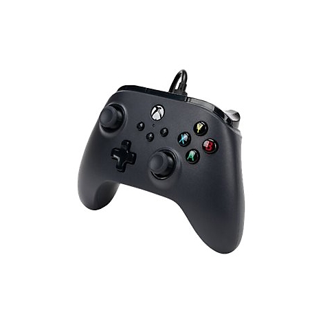 Schwarzer Xbox-Controller, Kabelanschluss, mit farbigen Knöpfen.