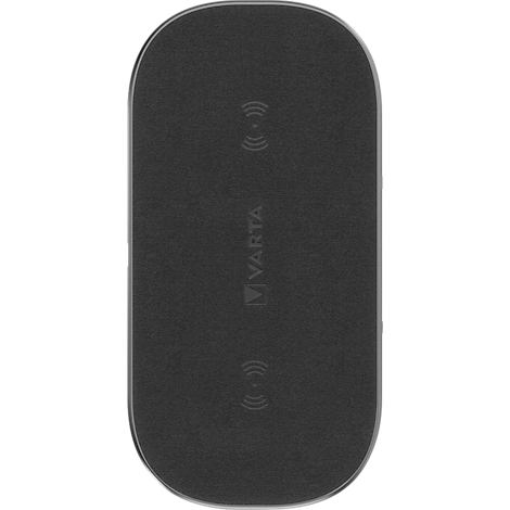 Schwarzes, ovales kabelloses Ladegerät mit VARTA-Logo und Funkwellen-Symbolen.