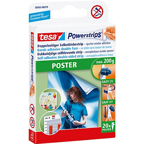 Package of Tesa Powerstrips for posters. Text reads: "Poster". Details on how to apply posters with the strips.