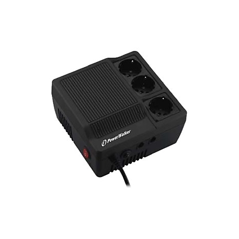 Schwarze Steckdosenleiste mit drei Steckdosen, rotem Knopf und PowerWalker Aufdruck.