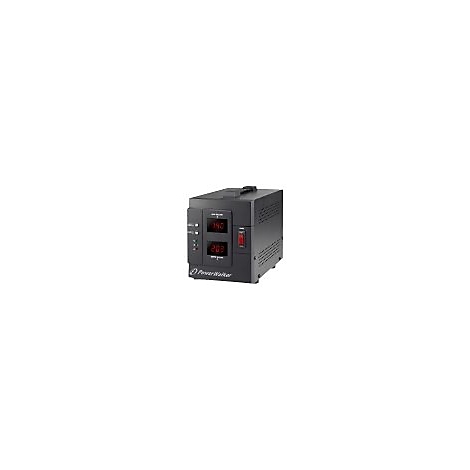 Ein schwarzes PowerWalker-GerÃ¤t mit digitalen Anzeigen. Der rote Kippschalter ist eingeschaltet.