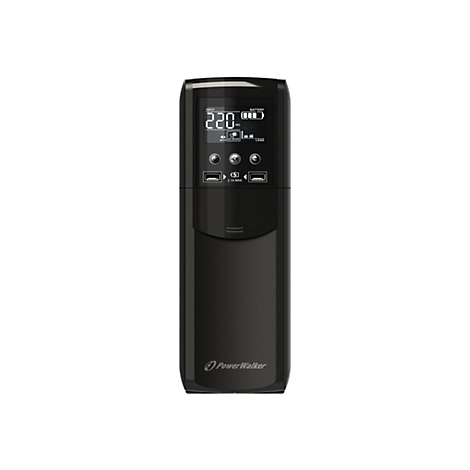 Schwarze USV mit Display. Zeigt 220 Volt und Akkustand. Logo: PowerWalker.