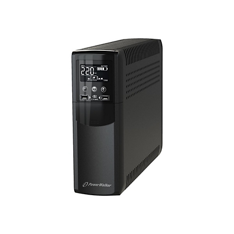 Schwarze USV mit Display, auf dem '220' angezeigt wird. Unten Logo 'PowerWalker'.