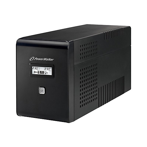 Schwarze USV mit PowerWalker-Logo, Display mit 230-Anzeige und Ein-/Ausschalter.