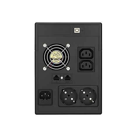 RÃ¼ckseite einer schwarzen USV-Anlage. Oben: USB-Anschluss. Mitte: LÃ¼fter, AnschlÃ¼sse, NetzausgÃ¤nge. Unten: Netzanschluss und Steckdosen.