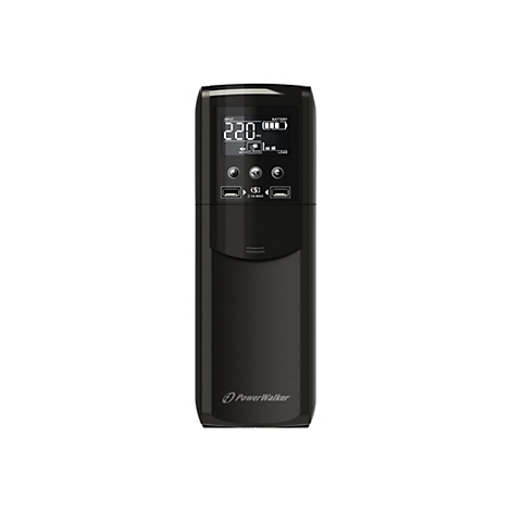 Schwarze USV mit Display, USB-AnschlÃ¼ssen und dem Logo PowerWalker.