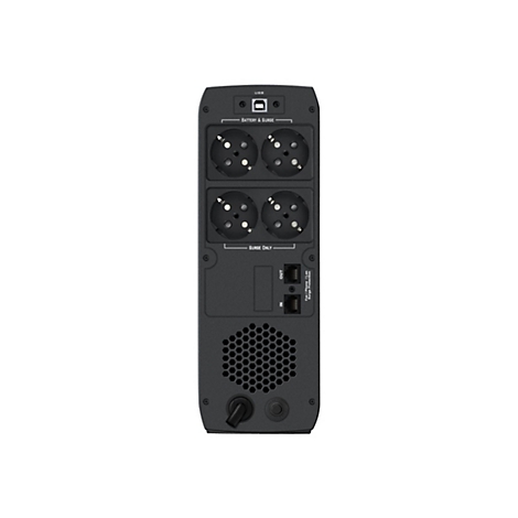 RÃ¼ckseite einer schwarzen USV mit Steckdosen, USB-Anschluss und LÃ¼ftung.