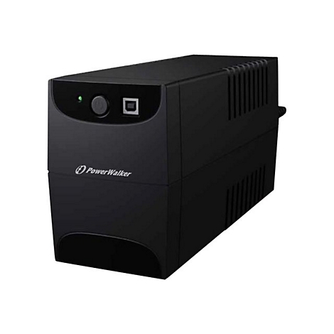 Schwarze PowerWalker USV, vorne mit Power-Knopf, USB-Anschluss und grünem Licht. "PowerWalker" Logo unten.