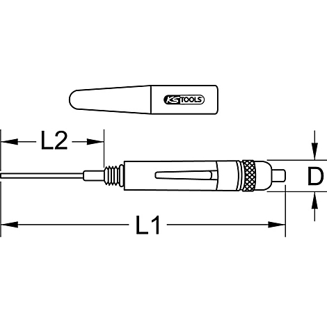 Technische Zeichnung eines Werkzeugs mit Maßangaben. Oben ein Deckel, darunter das Werkzeug mit Schriftzug KS TOOLS.