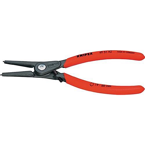 Zange mit roten Griffen. Aufschrift: KNIPEX 49 31 A2, 19-60 mm. Schwarze Spitze.