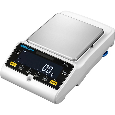 Digitale Waage, weiß, mit rechteckiger Messfläche, Anzeige: 0,0 g, Hersteller Adam, Modell Luna.