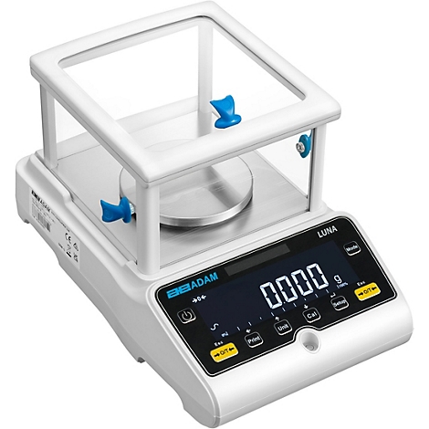 Digitale Laborwaage in Weiß mit Messkammer, Anzeige 0,000 g.