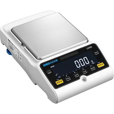 Eine weiße Waage mit LCD-Anzeige, 0,00 g. Die Anzeige ist im Gehäuse integriert. Auf der Waage steht LUNA.