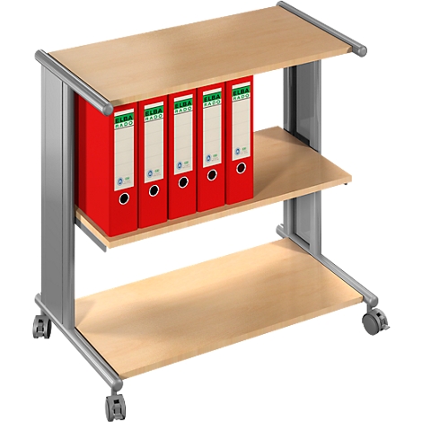 Beige storage table with three levels, filled with red folders.