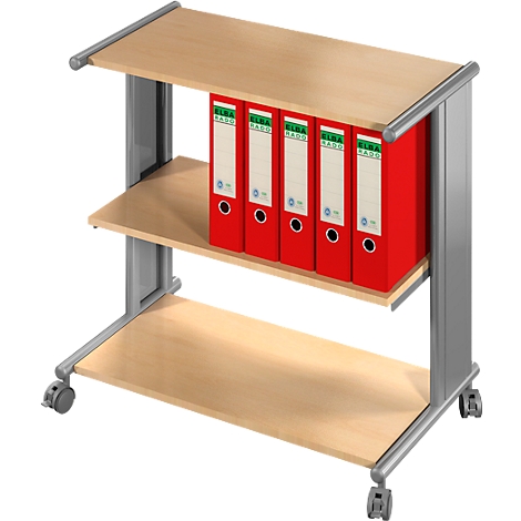 Rolling cart with two shelves, wood look. Five red file folders stand in the middle compartment. The cart has rollers.