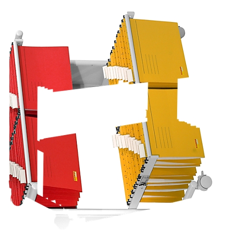 View of two red and yellow hanging folders in an office. The folders are attached to a metal frame and are illuminated from below.