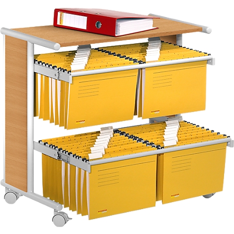Mobile cart with yellow hanging folders and red binder. The folders are arranged in shelves. The cart is on wheels.