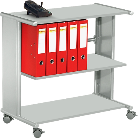 Grey serving cart with 4 red binders and a telephone. Binders have white labels. The cart is on wheels.